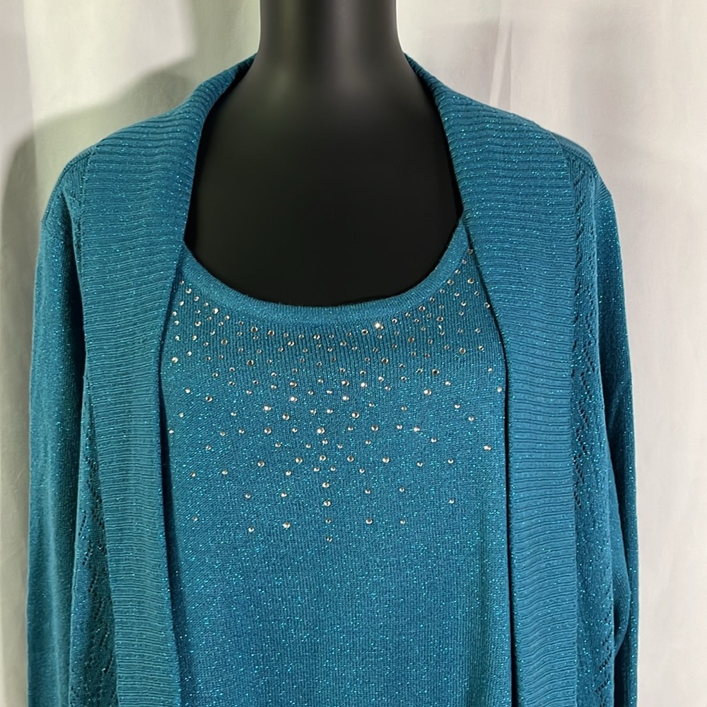 NWT Karen Scott Teal Rhinestone Embellished Glittery Twofer Cardigan - Picture 4 of 16